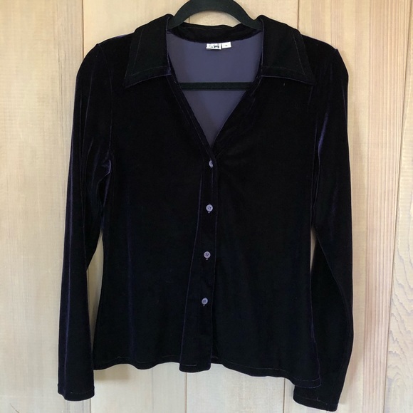 Womens Vintage Blue Velvet Button Down